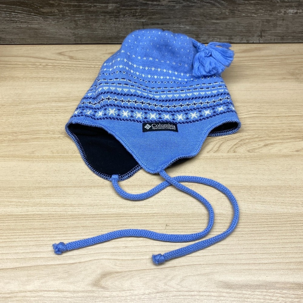 Vintage Columbia Hat Beanie Blue Snowflake Fair Isle Fleece Lined Peruvian